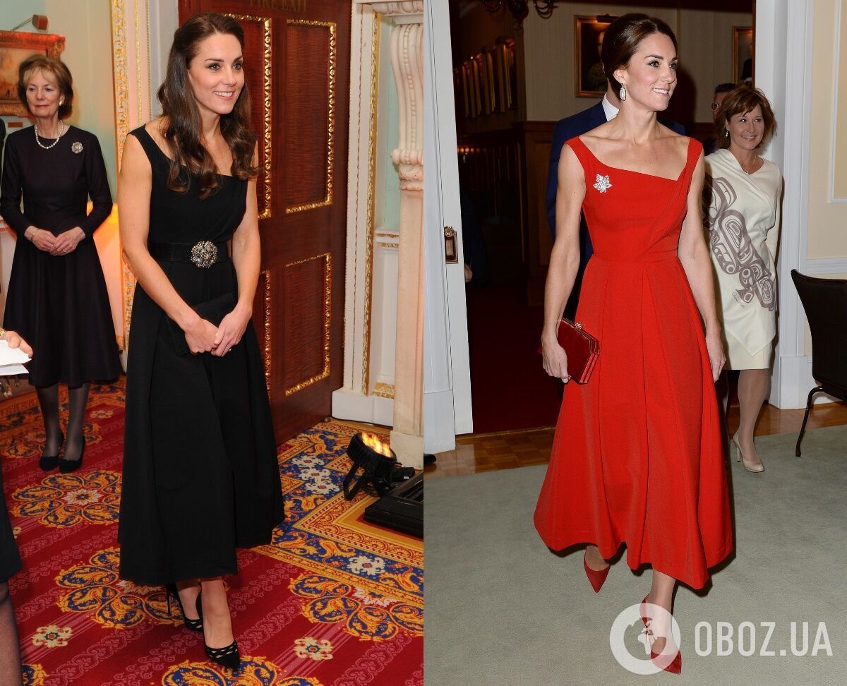 Красное и черное ассиметричные платья Кейт Миддлтон приобрела в 2016 году.