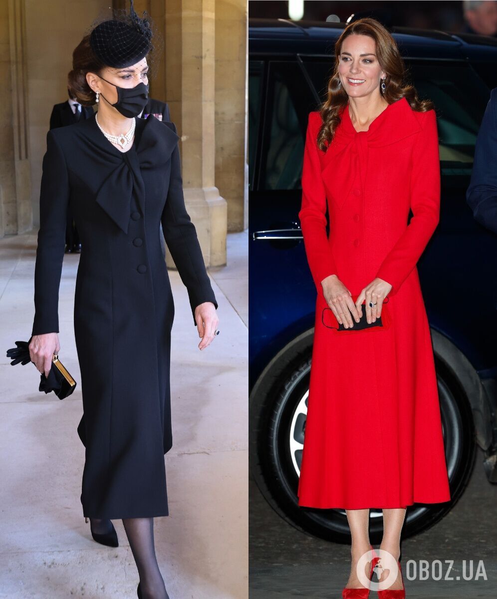 Кейт Міддлтон у червоній та чорній "сукнях-пальтах" від Catherine Walker.