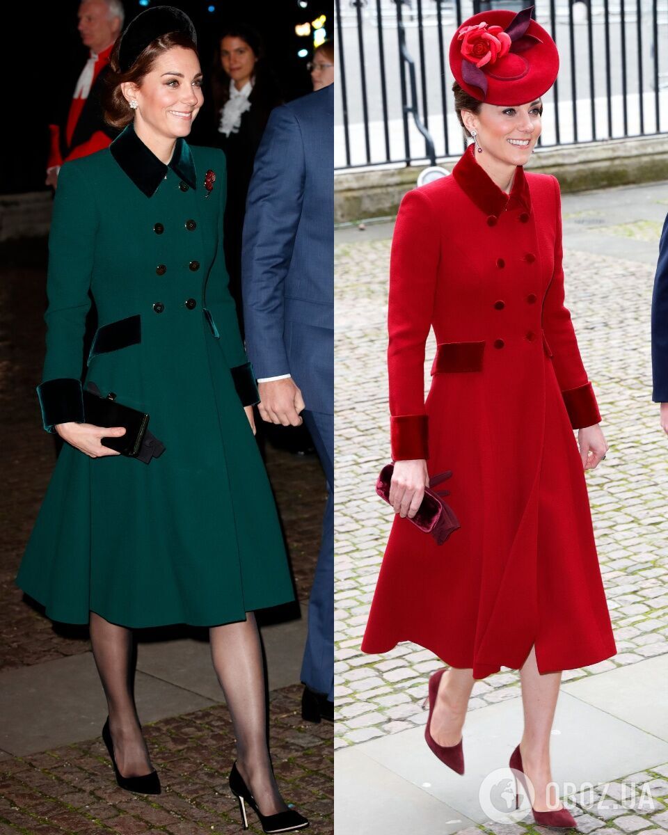 Кейт Миддлтон в пальто красного и темно-зеленого цвета.