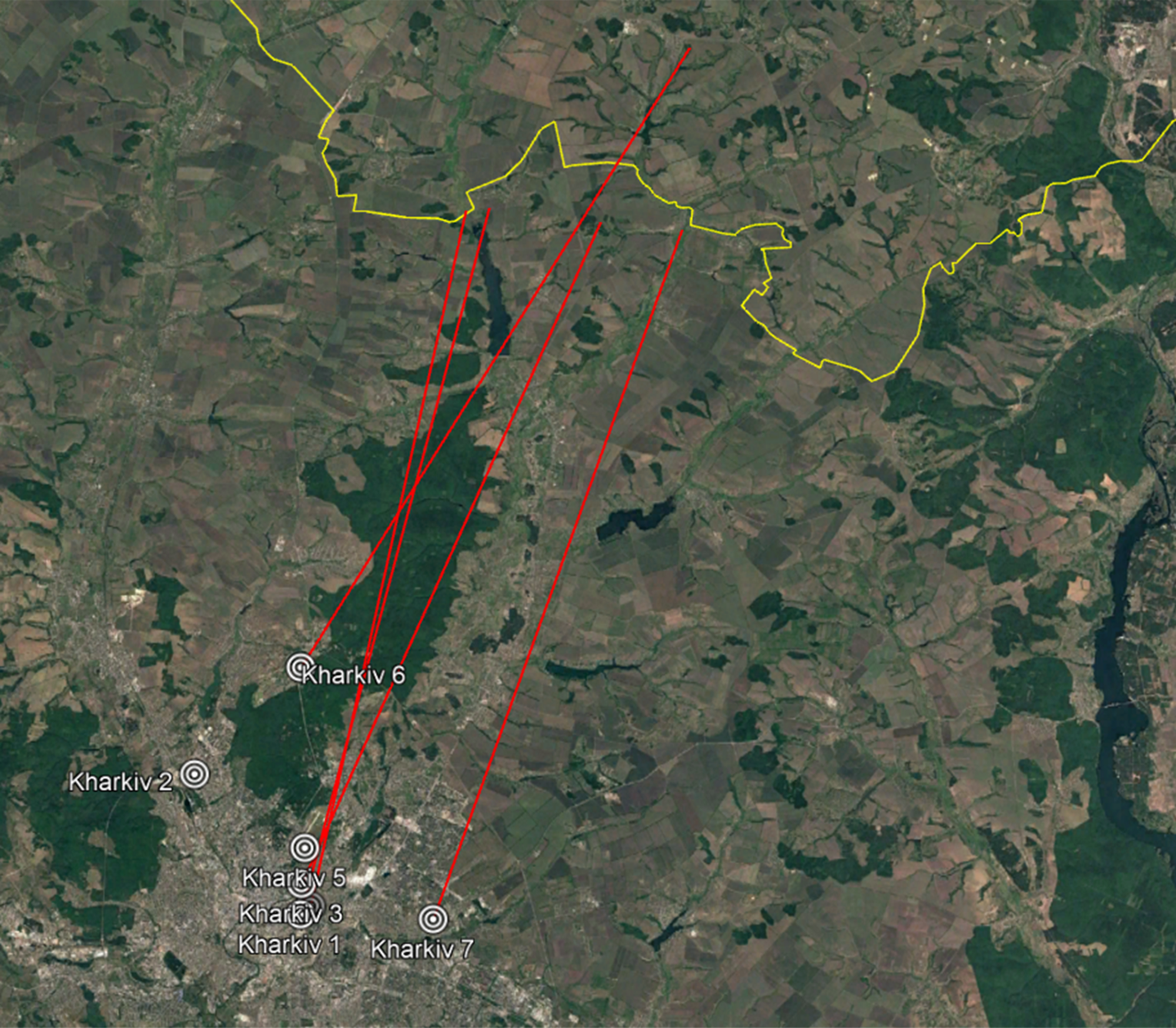 Геолокация и направление прилета реактивных снарядов с кассетной боевой частью, найденные в Харькове