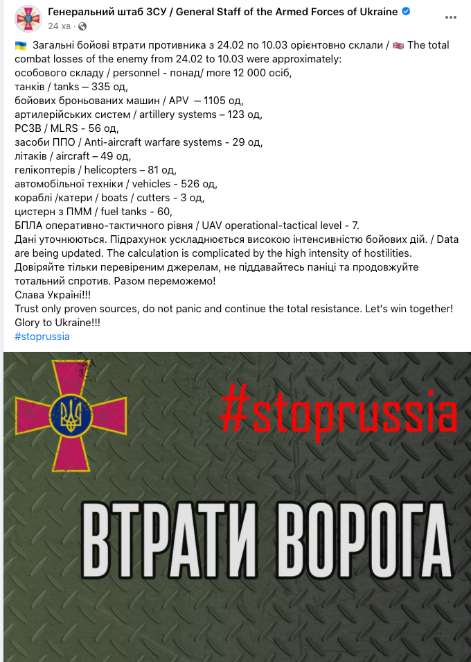 Данные Генштаба ВСУ по потере России в войне.