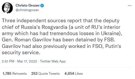 ФСБ Росії затримала заступника директора Росгвардії, яка зазнала великих втрат в Україні, – Грозєв