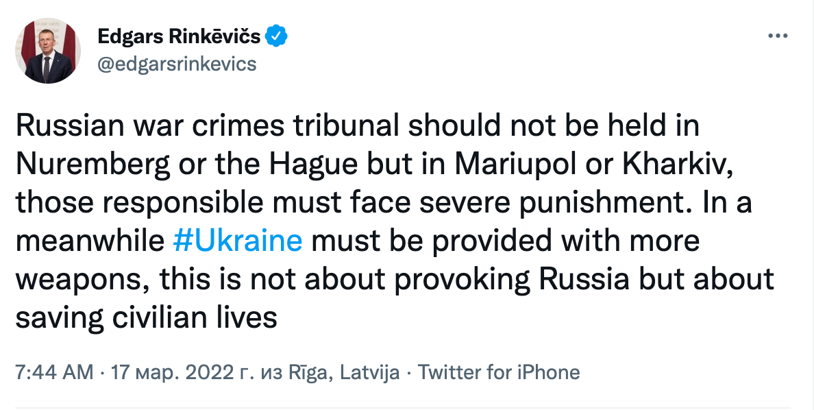 Глава МЗС Латвії: трибунал зі злочинів РФ слід проводити не в Гаазі, а в Маріуполі чи Харкові