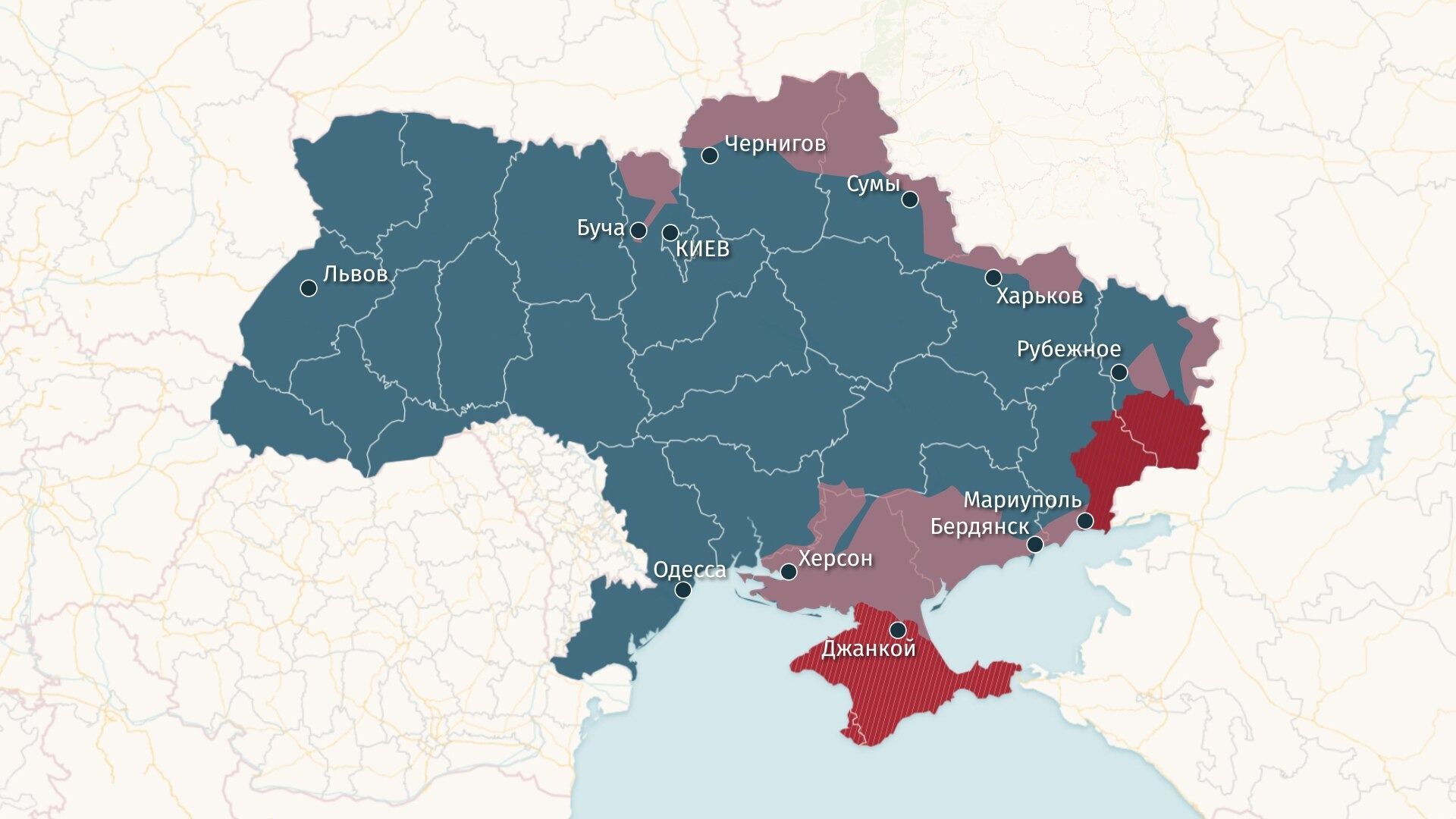 Карта Украины, где розовым выделены территории, ''занятые'' войсками РФ на 17 марта