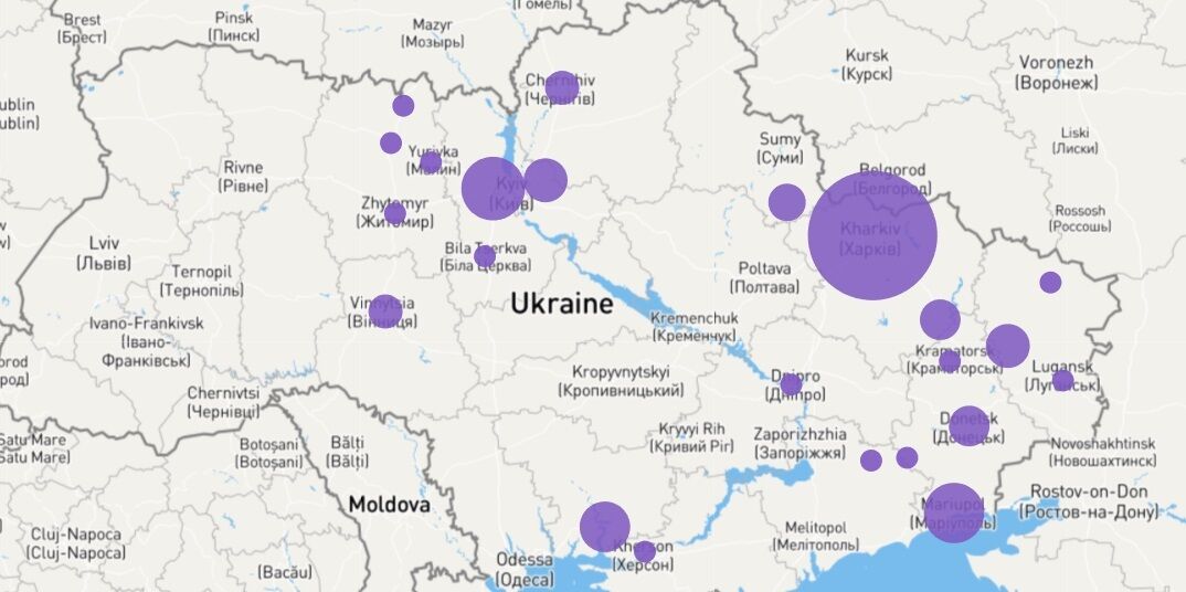 Карта обстрелов гражданских объектов в Украине.