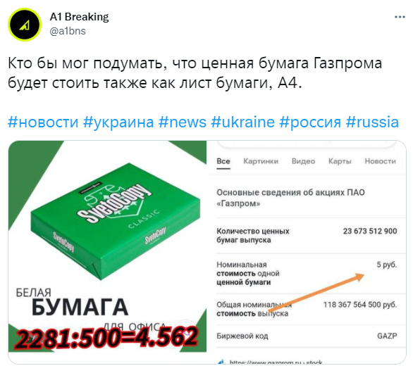 Цены на лист бумаги и акцию "Газпрома" сравнялись