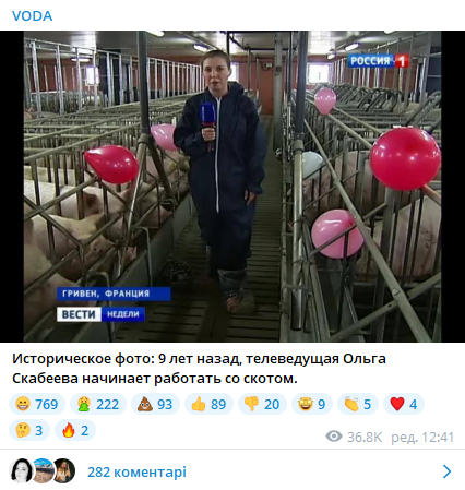 Алена Водонаева в свой Telegram-канал выложила сообщение о работе Скабеевой со "скотом"