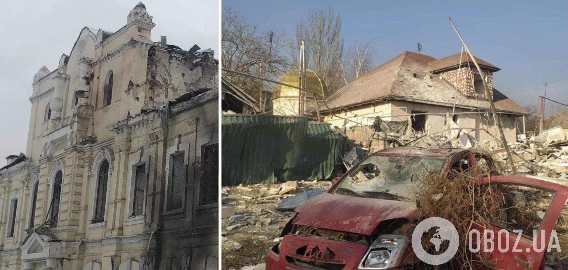 Пошкоджений Свято-Андріївський храм у Харкові та знищена будівля управління Донецької єпархії ПЦУ