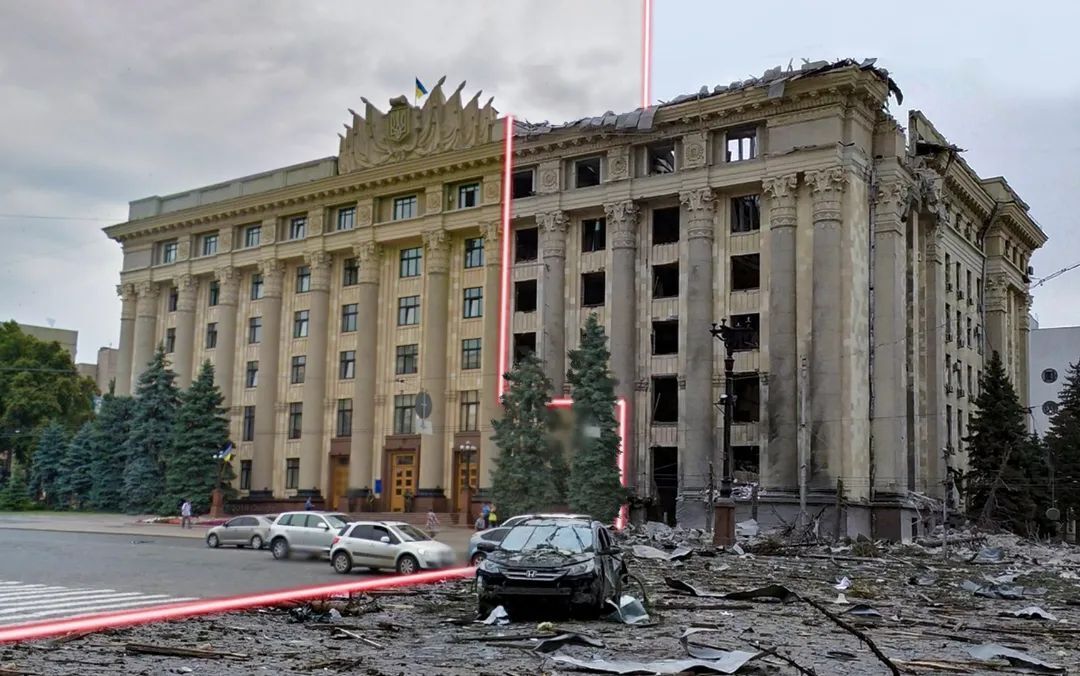 Площа Свободи у Харкові до та після бомбардування.