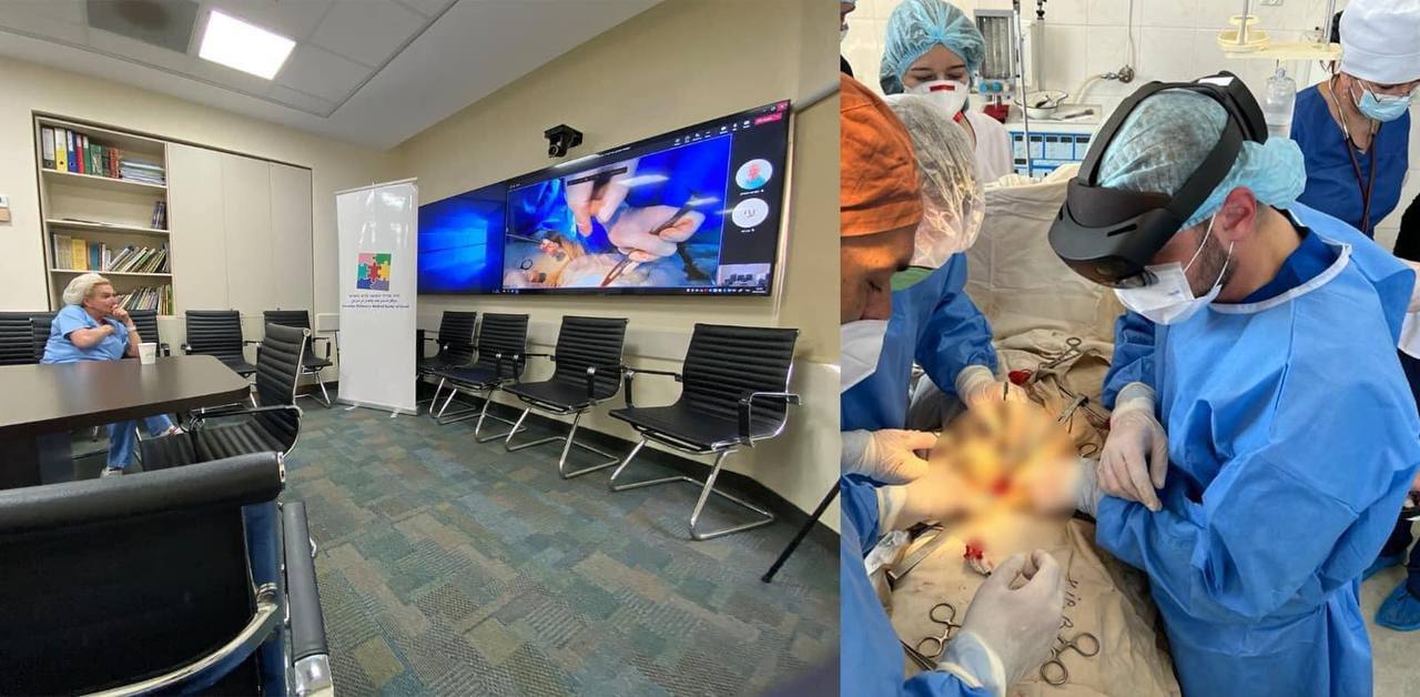 Израильский детский хирург в полевом госпитале в Украине оперирует ребенка.