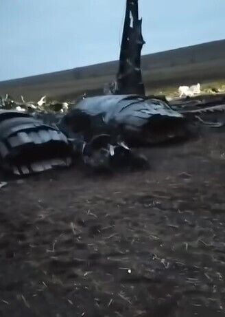 Сбитый вражеский самолет догорает в украинском поле