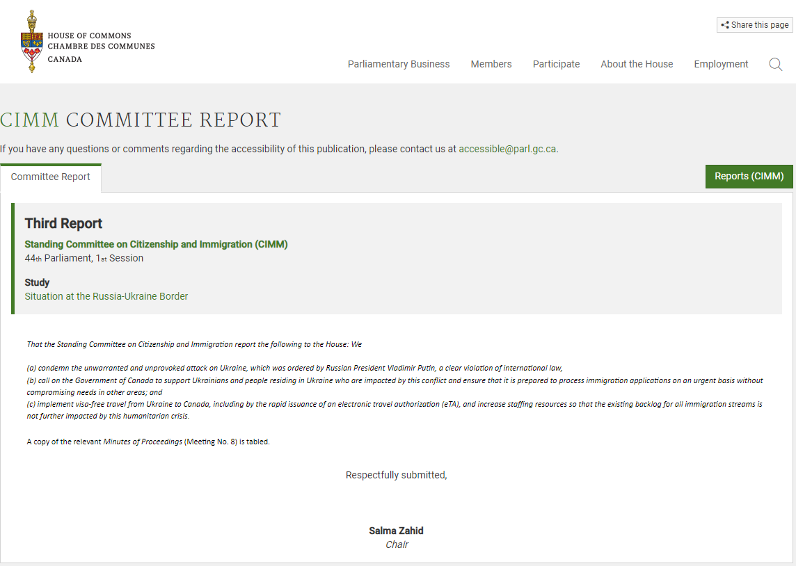 Парламент Канади підтримав звіт про необхідність безвізу для України.