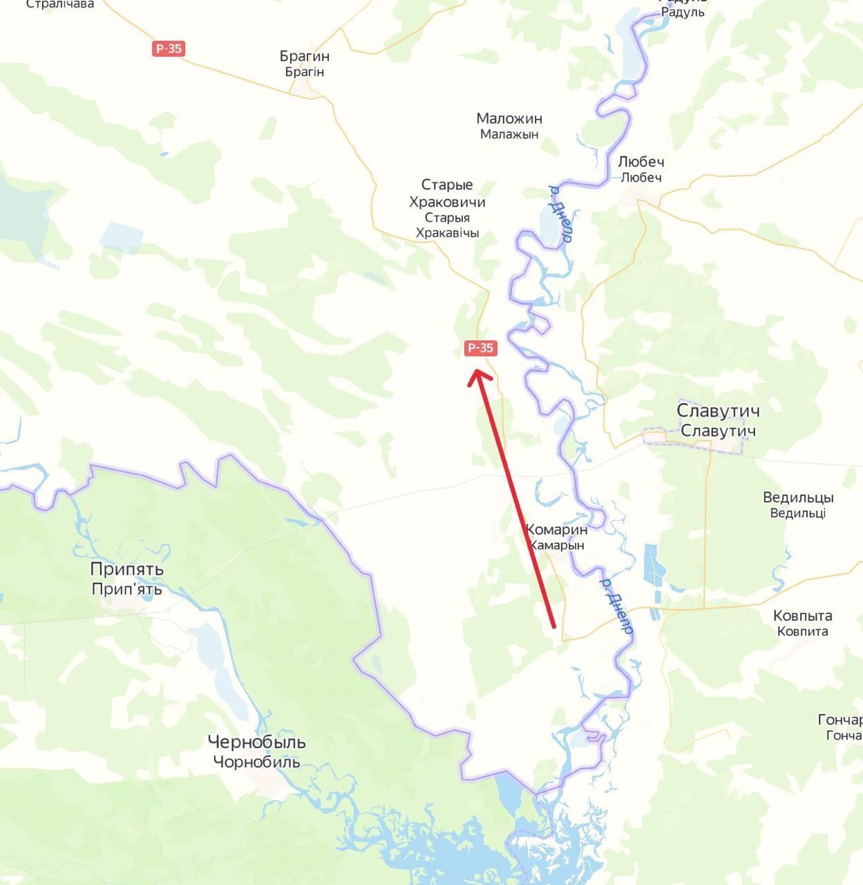 Карта виходу колони російської техніки з Чорнобильської зони