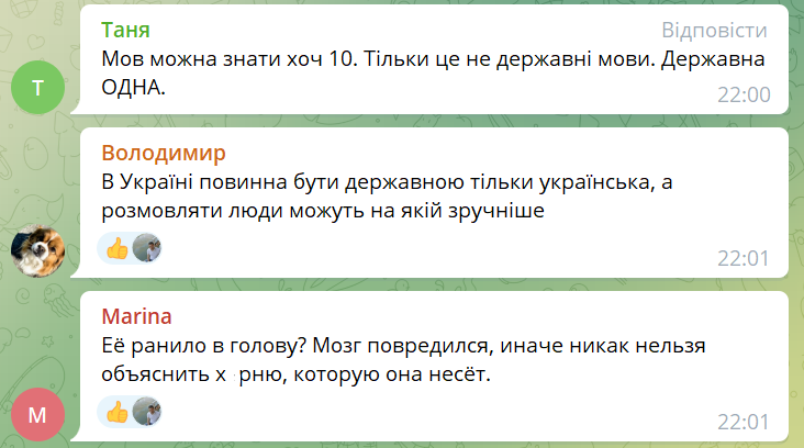 У Telegram засудили Могилевську через заяву про три державні мови.