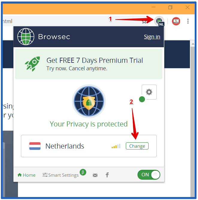 Переключение региона в Browsec.