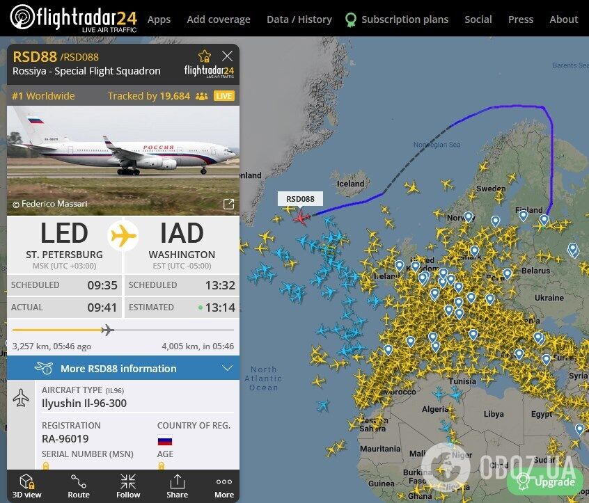 Диплітак РФ із бортовим номером RSD88 на шляху із Санкт-Петербурга до Вашингтона.