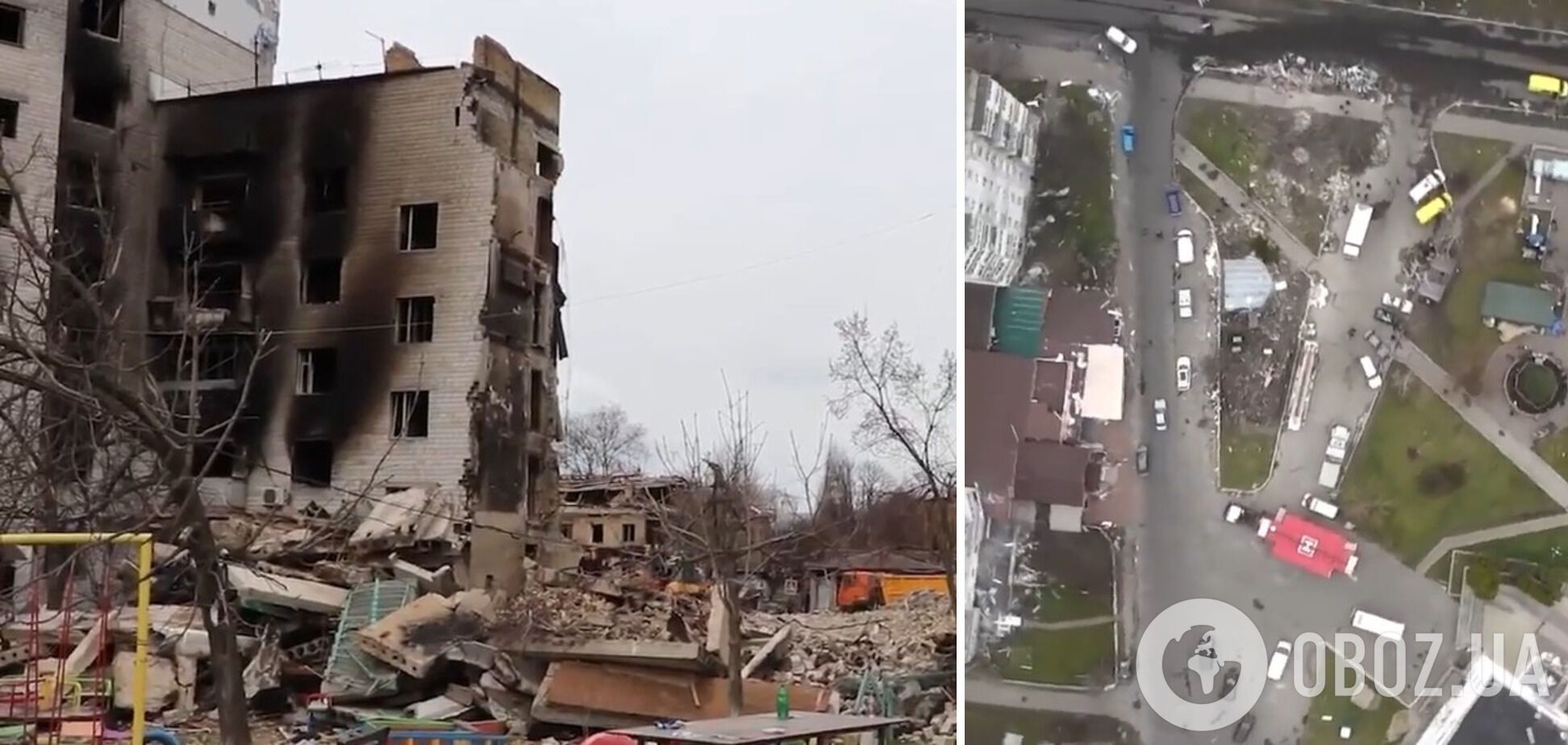 Вулиці Бородянки встелені уламками від розбомблених ворогом будинків