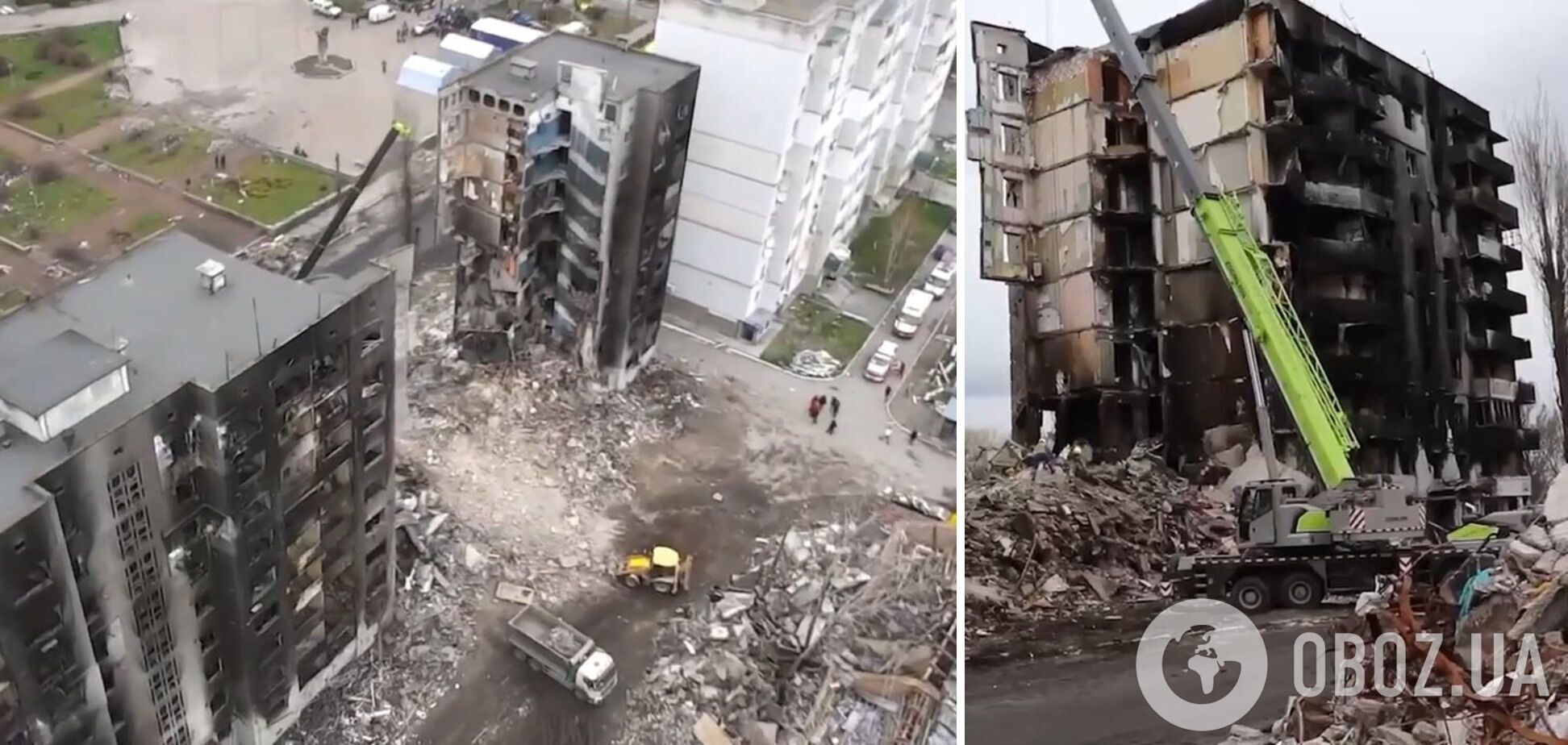 Разрушенная российскими бомбардировками многоэтажка в Бородянке