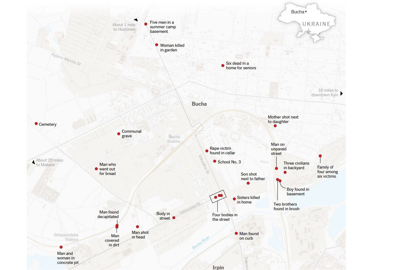 Карта вбивств мирних жителів у Бучі