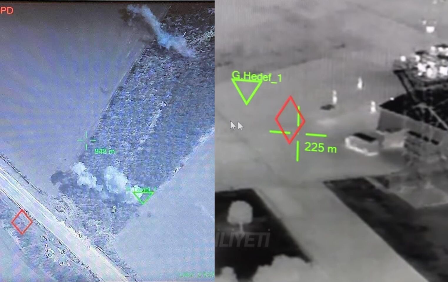 Слева: Кадры российской позиции под обстрелом БПЛА Bayraktar Mini. Справа: для сравнения кадры Bayraktar Mini с камерой FLIR в Турции