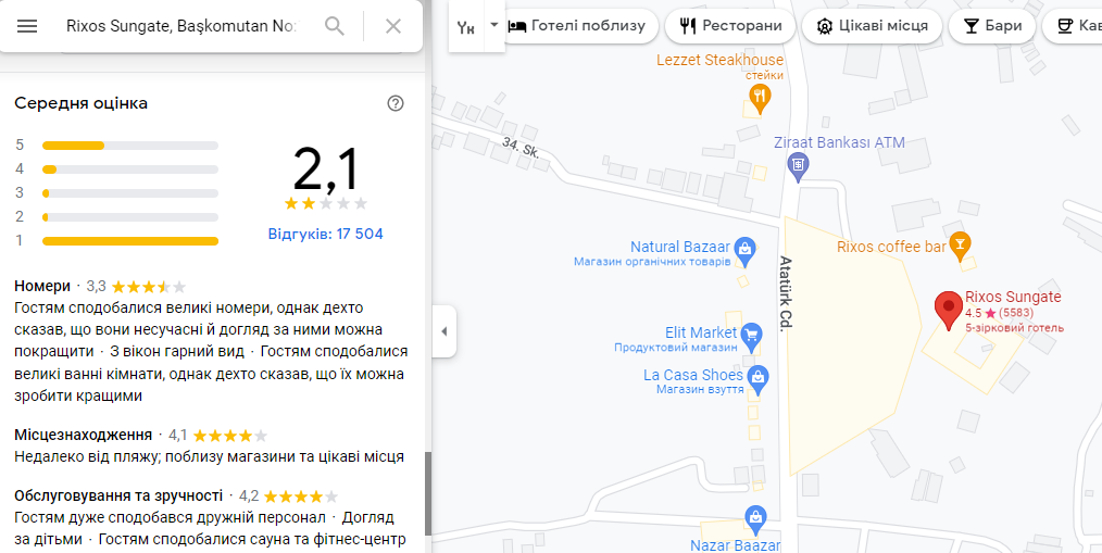 Небайдужі українці обвалили рейтинг готелю Rixos Sungate у Google.