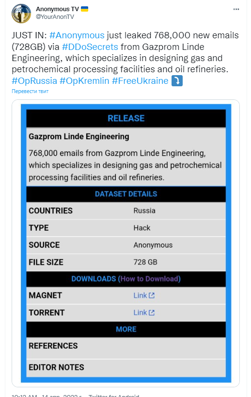 Хакери Anonymous зламали одну з компаній "Газпрому" та злили в мережу 768 тис. листів співробітників