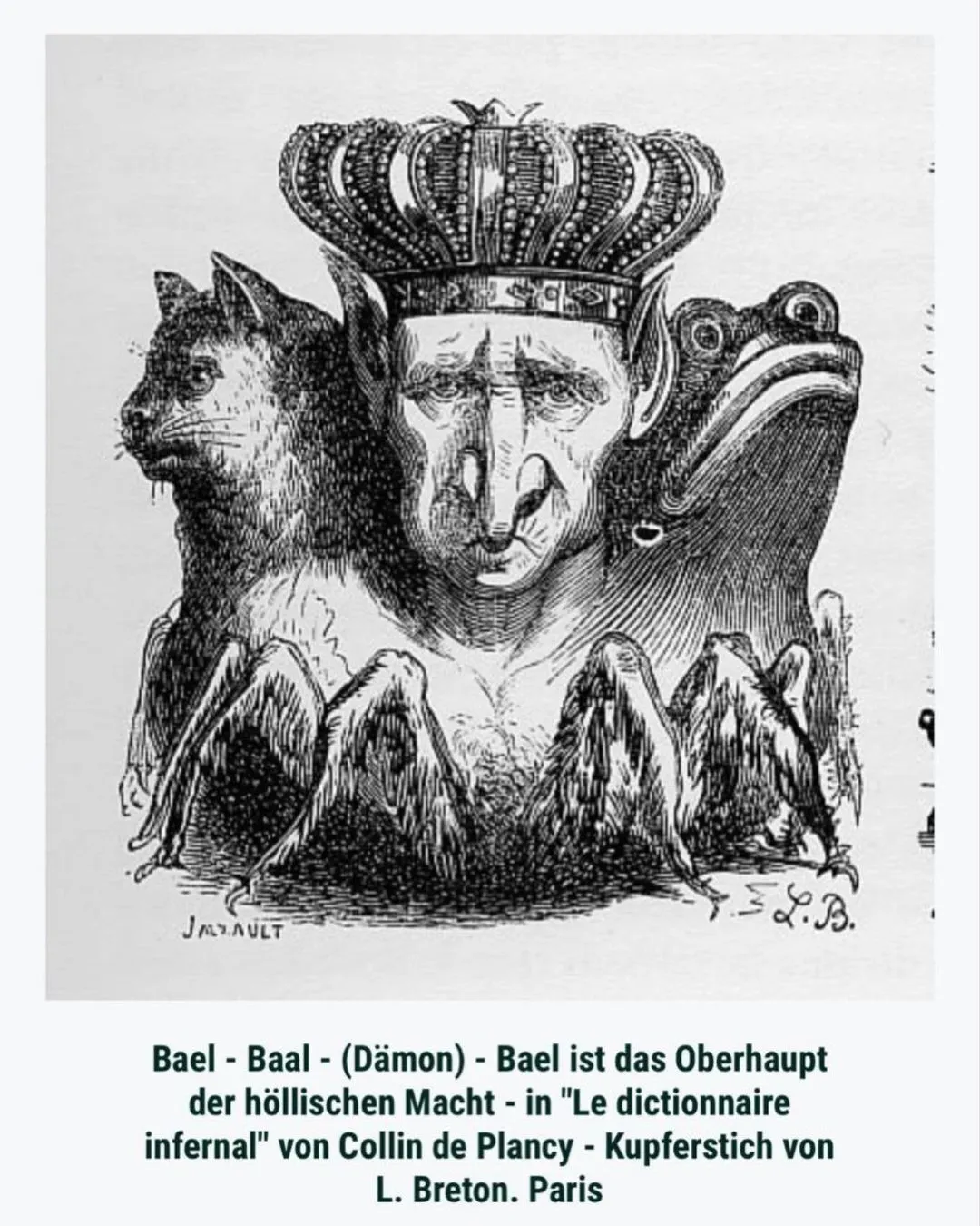 Изображение демона Баала, "Инфернальный словарь", книга по демонологии, XIX век