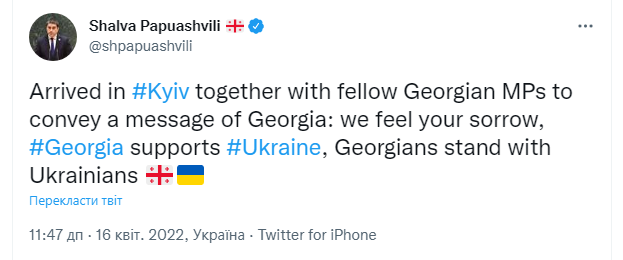 Грузинська делегація прибула з посланням для українців