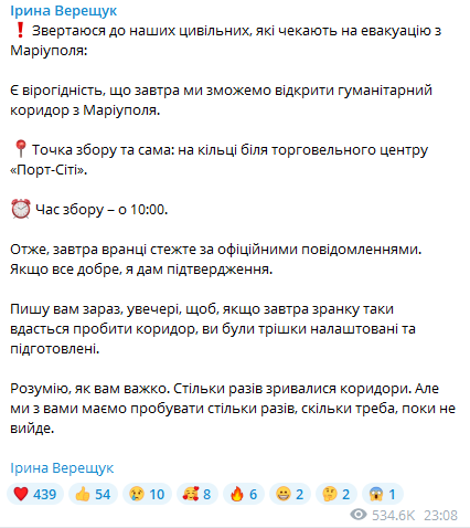 Скриншот сообщения Ирины Верещук в Telegram
