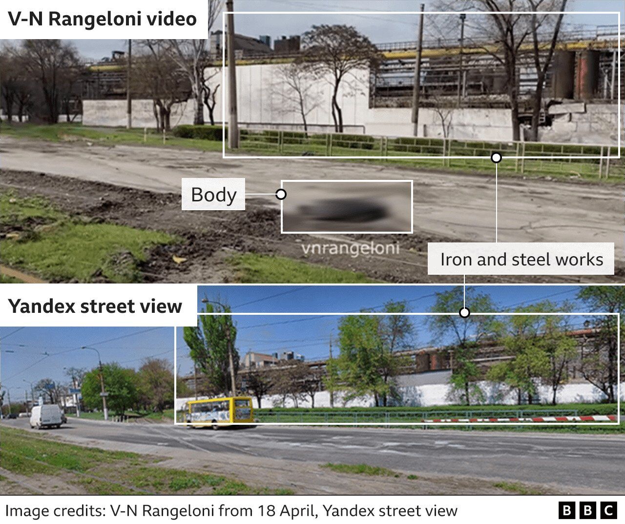 Порівняння скріншота відео Ранджелоні та зображення на карті Yandex