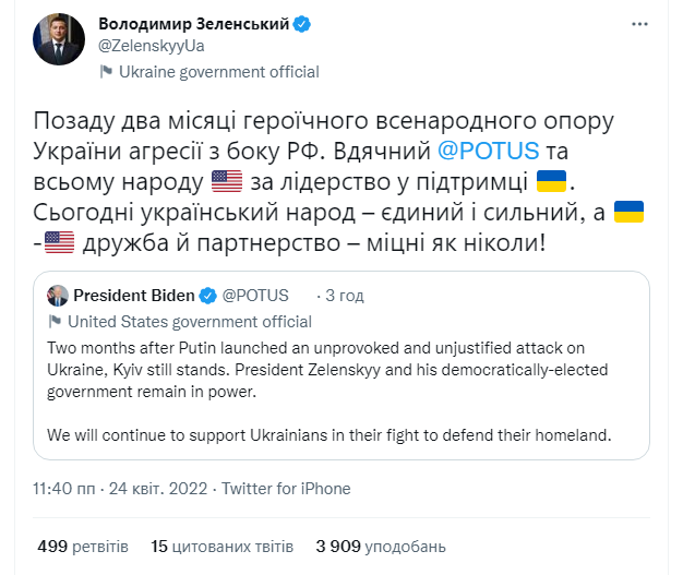 Зеленський подякував Байдену за підтримку