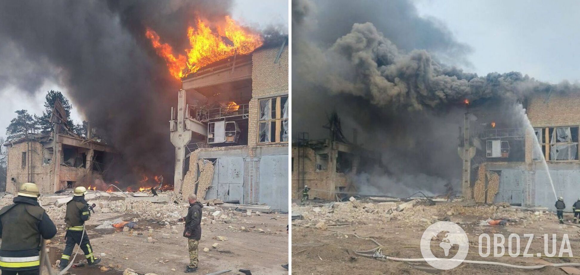 Пожар на Киевском бронетанковом заводе после удара РФ