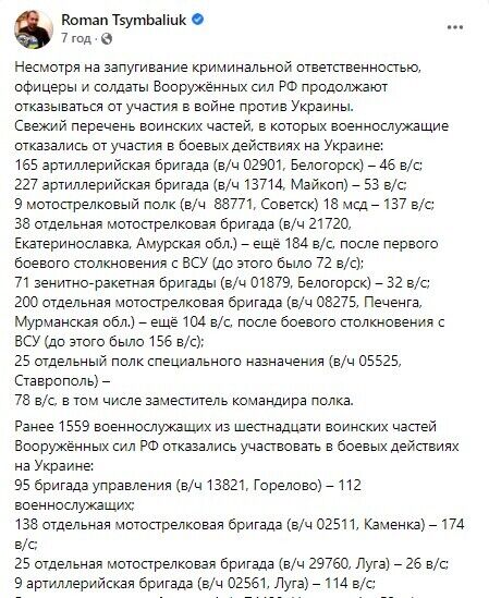 Опубліковано список військових частин РФ, де солдати відмовилися від участі у війні в Україні
