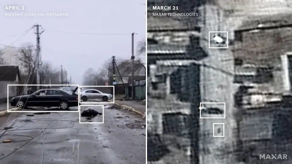 Тело возле автомобилей на улице Яблонской в Буче, 2 апреля. Как свидетельствуют спутниковые снимки, оно находилось здесь с 21 марта.