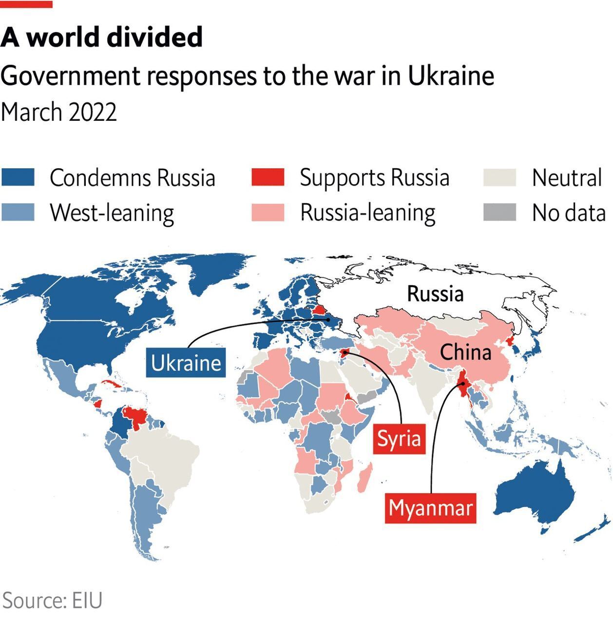 Карта позицій країн світу щодо війни Росії проти України.