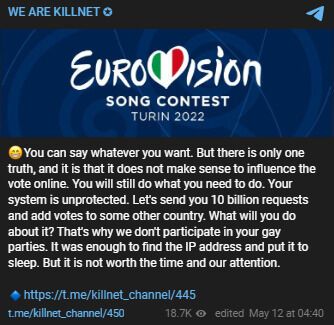 Група Killnet погрожує зірвати голосування на Євробаченні-2022.