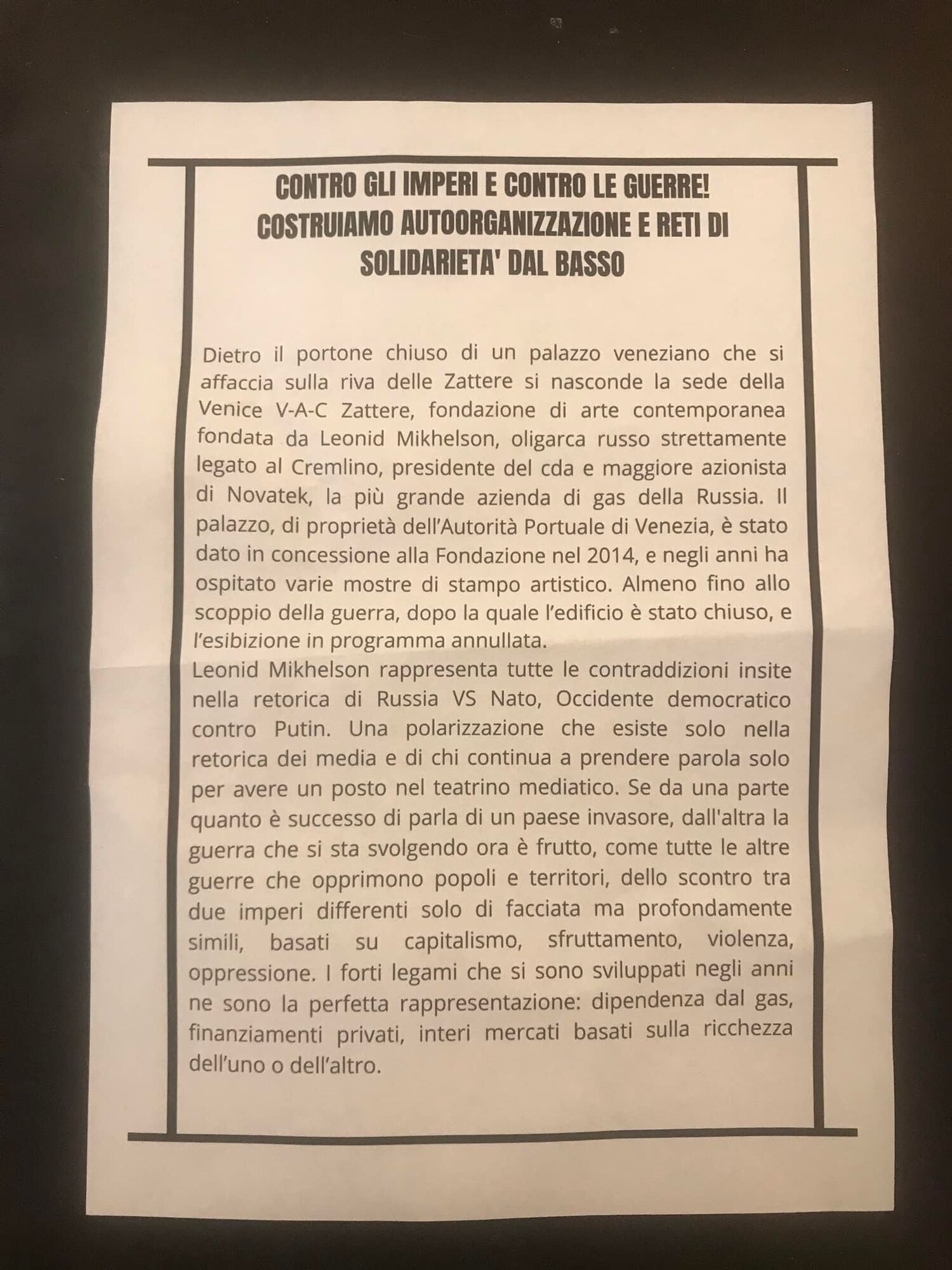 Несколько недель назад распространили в Венеции листовки о близости Михельсона и Путина