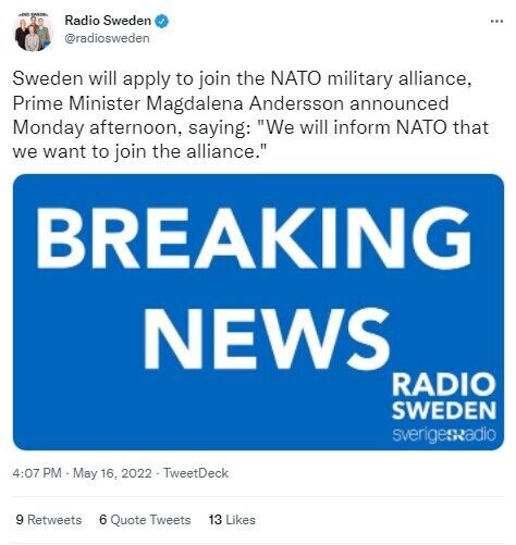 Швеція поінформувала НАТО про бажання приєднатися