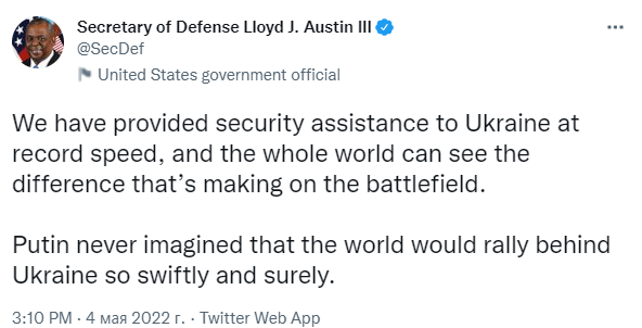 Скриншот повідомлення Ллойда Остіна у Twitter