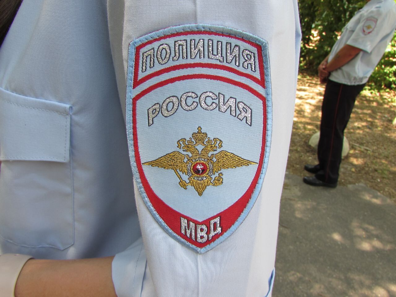 На шевронах написано: "Поліція. МВС Росія"