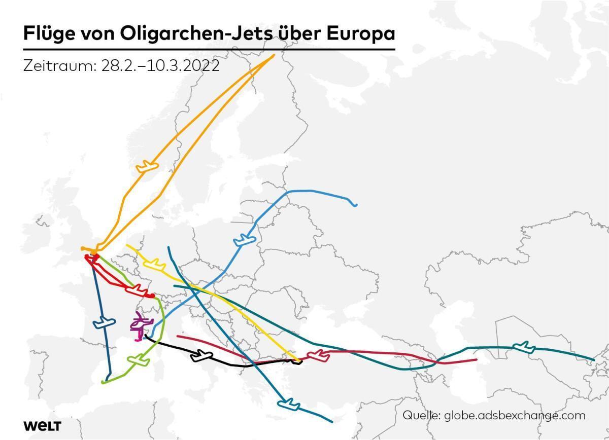 Карта російських польотів над Європою