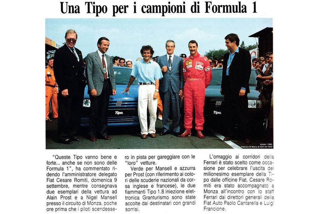 Торжественная передача FIAT Tipo Мэнселлу и Просту после Гран-при в Монце в сентябре 1990 года
