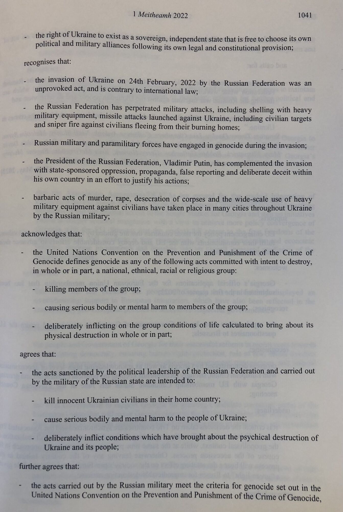 Резолюция Сената Ирландии о признании геноцида украинцев со стороны РФ