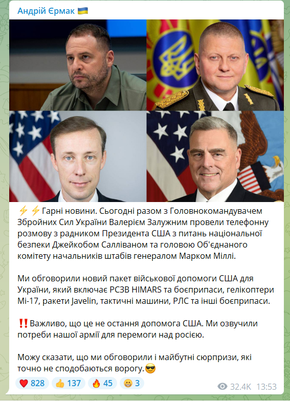 Єрмак після переговорів зі США анонсував "сюрпризи" для Росії, які їй не сподобаються