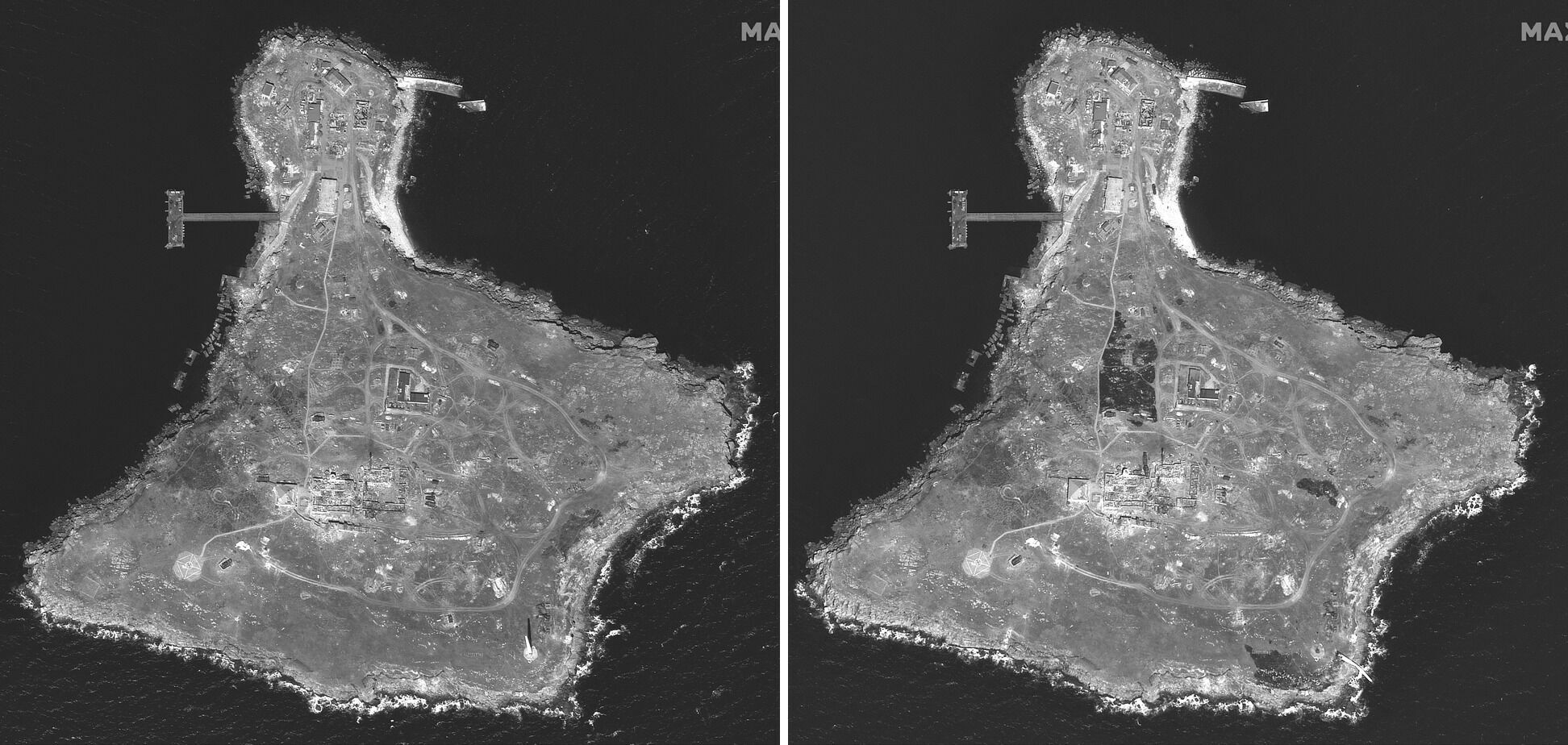 В Maxar показали новые спутниковые фото с острова Змеиный до и после удара ВСУ по оккупантам