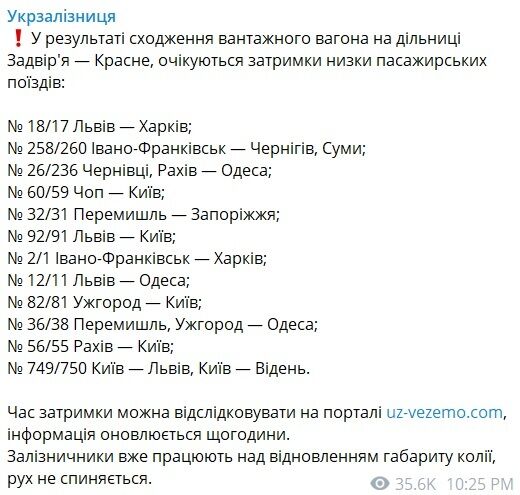 В Україні очікуються затримки 12 пасажирських поїздів