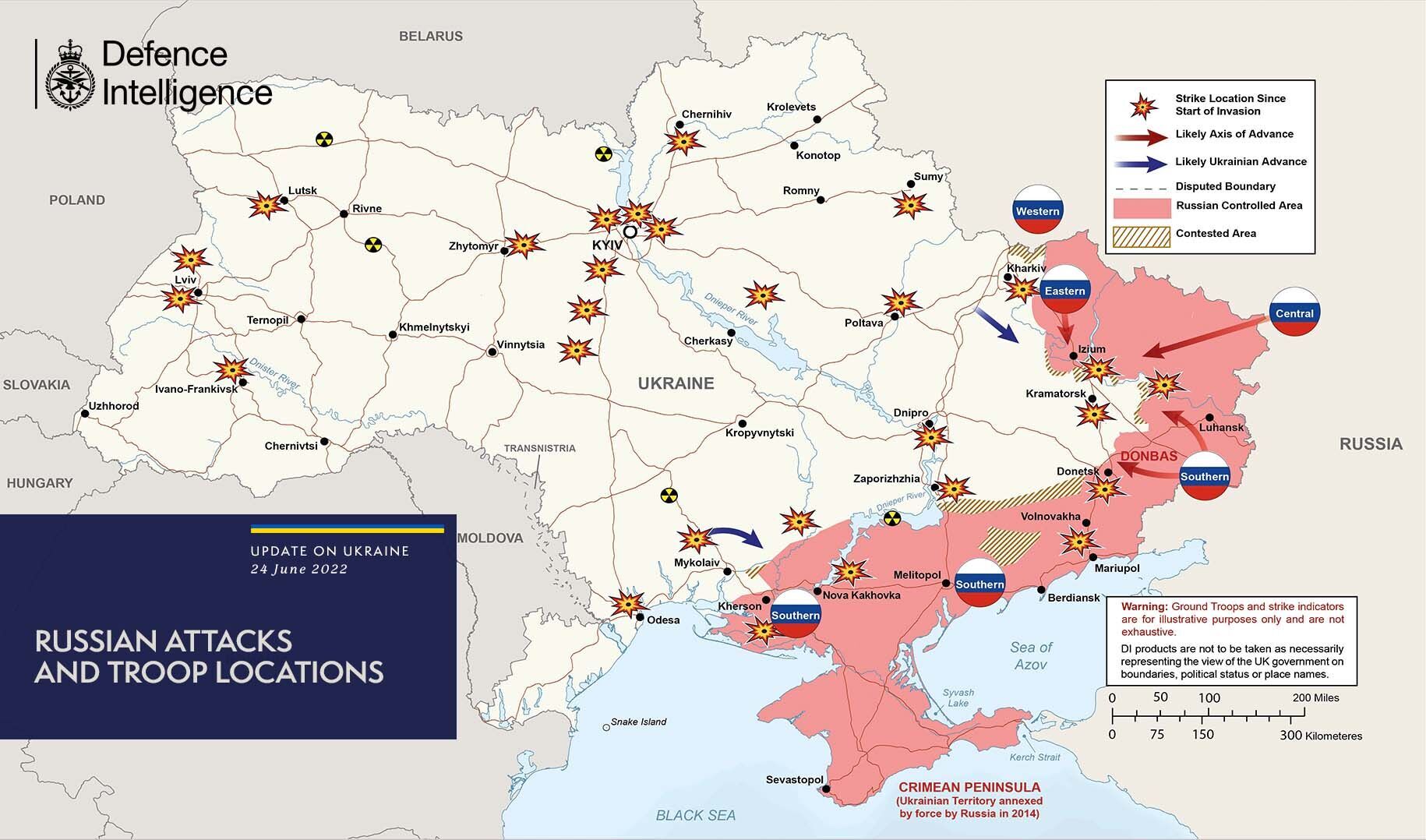 Карта боевых действий в Украине 24 июня.
