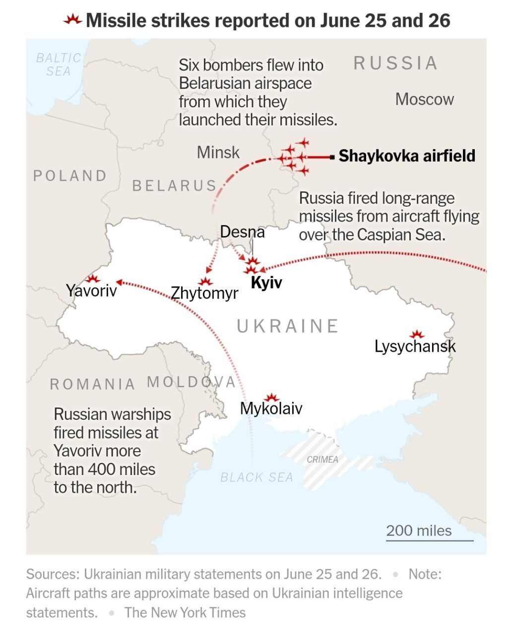 Карта ракетных ударов по Украине за 25-26 июня