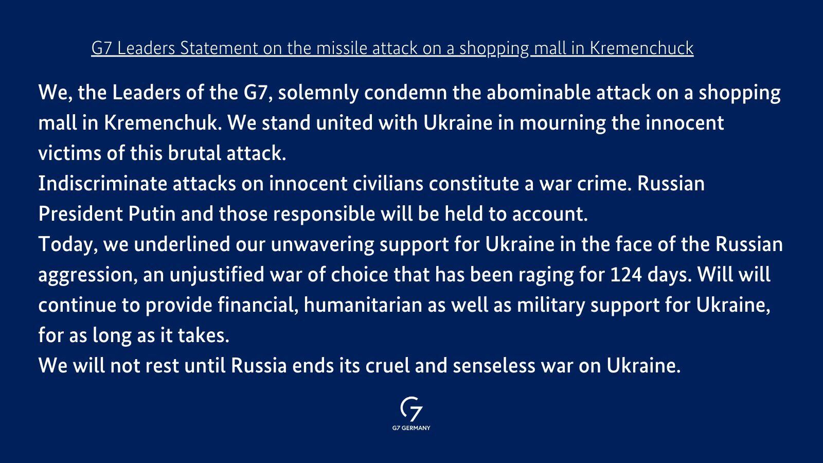 Заявление G7 об атаке РФ на ТЦ в Кременчуге