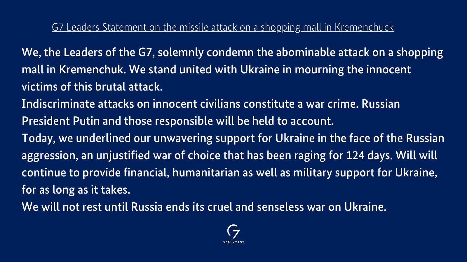 Заява G7 щодо атаки РФ на ТЦ у Кременчуці